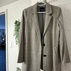 Madewell Plaid Long Blazer in Gray and Tan